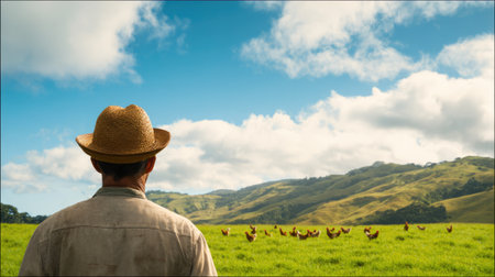 Farmer Standing in Green Pasture Watching Free Range Chickensの素材