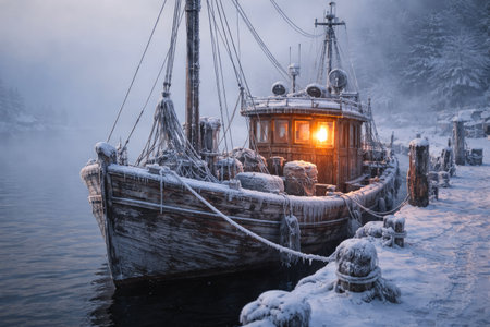 Old Wooden Fishing Boat Covered in Snow at a Quiet Winter Harbor with Warm Lightの素材