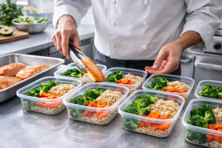 Professional Meal Prep with Grilled Salmon, Brown Rice and Fresh Vegetables in Commercial Kitchenの素材