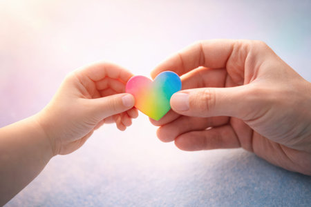 Adult and Child Holding Colorful Rainbow Heart Symbol of Love, Support and Inclusionの素材