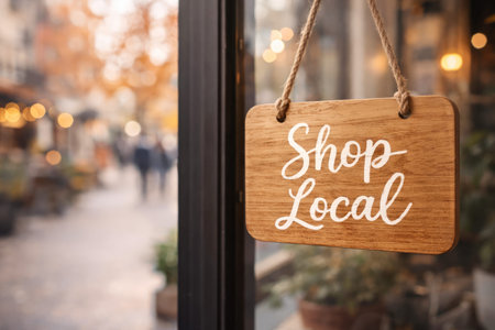 Wooden shop local sign hanging on storefront window in autumn cityの素材