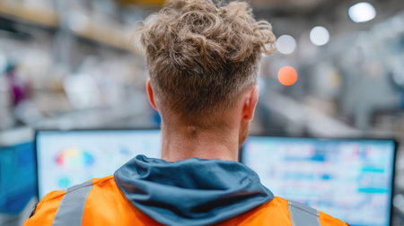 Factory worker from behind monitoring production line screensの素材
