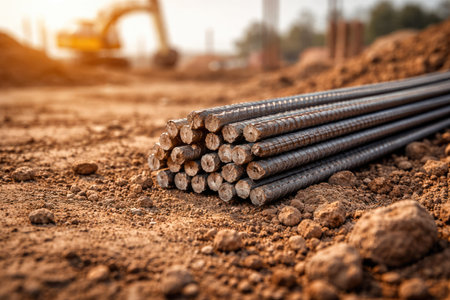 Stack of Steel Rebar at Construction Site with Excavator in Backgroundの素材