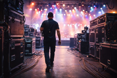 Stage Crew Member Carrying Audio Cable During Concert Setupの素材