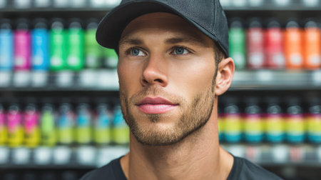 Young Fit Man with Beard in Nutrition Supplement Shopの素材