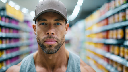 Athletic man in sportswear standing in supplement aisle of nutrition storeの素材