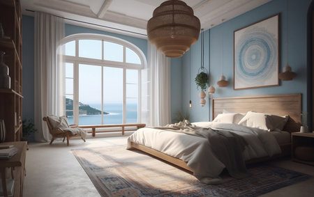 Modern Bedroom in Mediterranean Style, Generative AIの素材