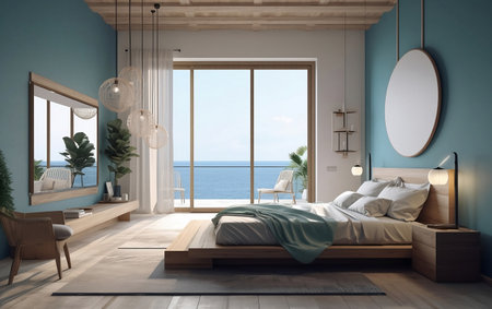 Modern Bedroom in Mediterranean Style, Generative AIの素材