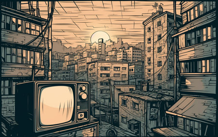 Illustration of Retro TV against the City, Generative AIの素材