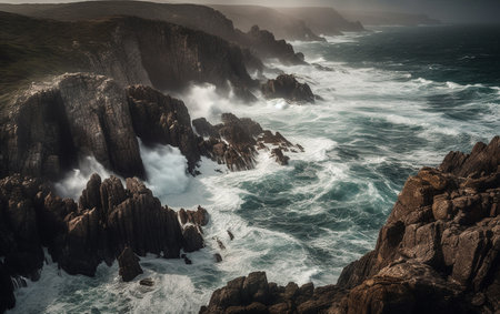 A stormy sea and the rocky shore, Generative AIの素材