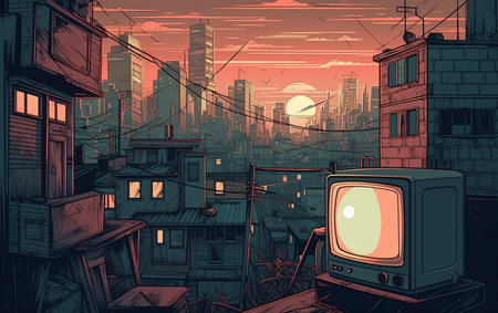 Illustration of Retro TV against the City, Generative AIの素材