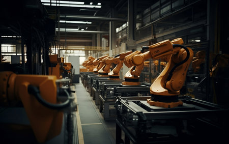 Factory with several robotic arms, Geneartive AIの素材
