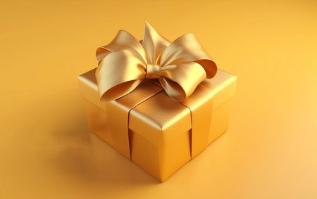 Golden gift box with gold bow on yellow background. Generative AIの素材