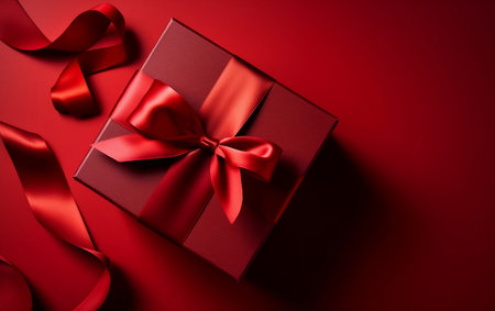 Gift box with red ribbon on red background. Copy space.の素材