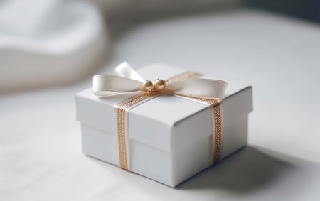 White gift box with gold ribbon on the bed. Close-up.の素材