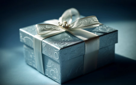 Gift box with ribbon on blue background. Shallow depth of field, Generative AIの素材
