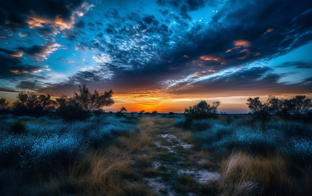 Dramatic sunset over a field of grass and flowers, Generative AIの素材