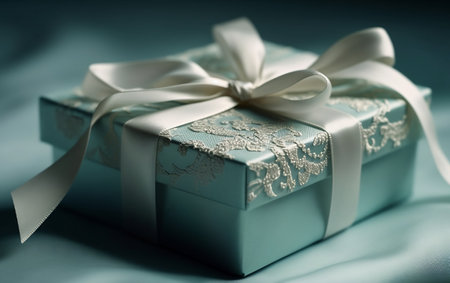 Gift box with white ribbon on blue background, soft focus. Generative AIの素材