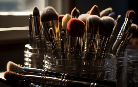 Makeup brushes in a glass jar on a black background close-up, Generative AIの素材