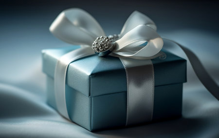 Blue gift box with white bow and ribbon on a soft blue silk background, Generative AIの素材