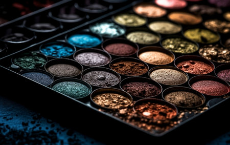 Colorful eyeshadow palette on dark blue background. Selective focus. Generative AIの素材