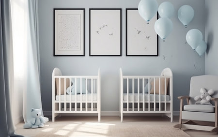 Baby room interior with white cot and blue balloons, Generative AIの素材