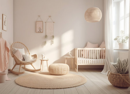 Baby room interior with wicker cradle and rocking chair. Generative AIの素材