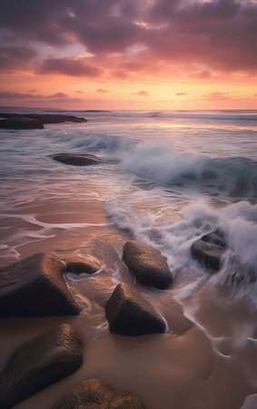 Beautiful seascape at sunset. Dramatic sky, long exposure. Generative AIの素材
