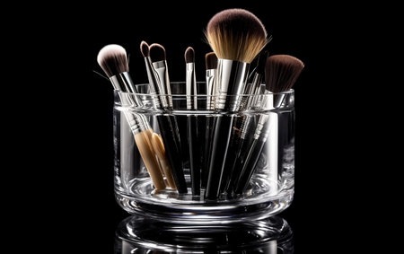 Make-up brushes in a glass jar on a black background. Generative AIの素材