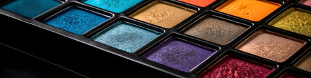 Colorful eyeshadow palette closeup. Professional multicolor eye shadows palette.の素材