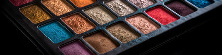 Colorful eyeshadow palette on a black background close-up, Generative AIの素材