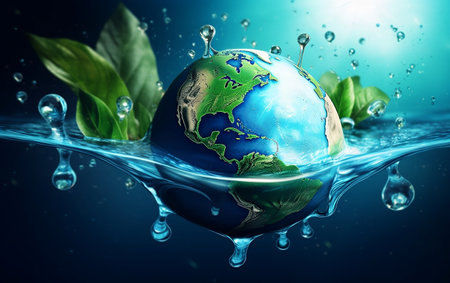 Earth planet with green leaves and water splash on blue background. Generative AIの素材
