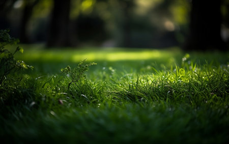 Green grass with dew drops in the park, soft focus backgroundの素材
