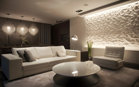 Luxury living room with sofa and coffee table. Interior design, Generative AIの素材