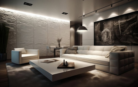 Interior of modern living room with sofa and coffee table. Generative AIの素材