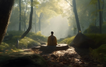 Man sitting on a stone and meditating in the forest, Generative AIの素材
