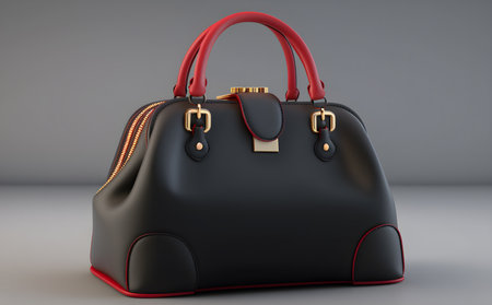 Black leather bag on a gray background.  Generative AIの素材