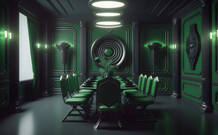 Dining room with green elements, Generative AIの素材