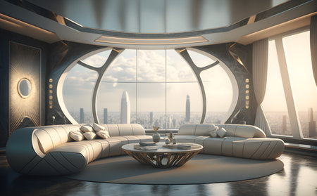 Luxury living room interior with panoramic window and city view. Generative AIの素材