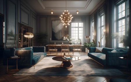 Luxury living room interior with furniture. Generative AIの素材