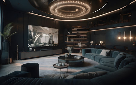 Modern living room interior design. Evening lighting. Generative AIの素材