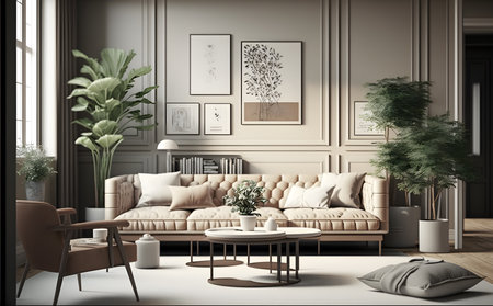 Living room interior with sofa, coffee table and plants. Generative AIの素材