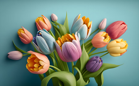 Bouquet of colorful tulips on blue background. Generative AIの素材