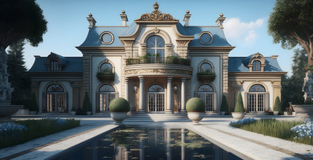 Beautiful house with blue roof, Generative AIの素材