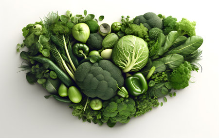 Heart made of fresh vegetables on white background. Healthy food concept. Generative AIの素材