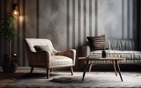 Modern living room interior with armchair and coffee table, Generative AIの素材