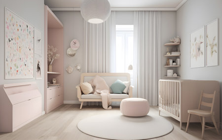 Children's room in pink and white colors, Generative AIの素材
