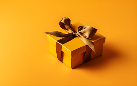 Yellow gift box with golden bow on yellow background, copy space. Generative AIの素材