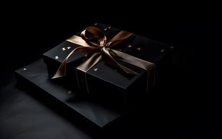 Black gift box with gold ribbon and bow on black background, closeup. Generative AIの素材