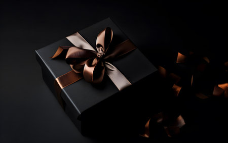 Black gift box with brown bow on black background, copy space. Generative AIの素材